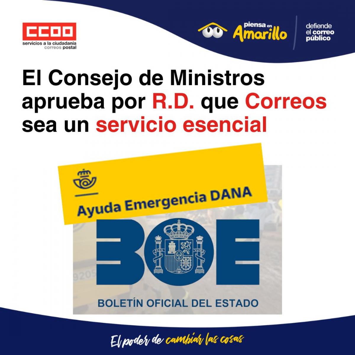 El Consejo de Ministros, por RD, aprueba que Correos sea un servicio esencial